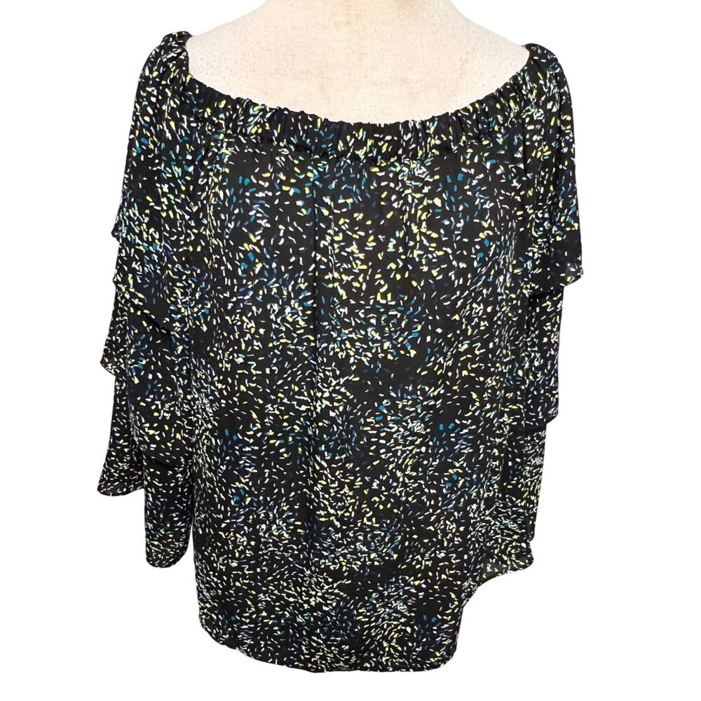 Worthington Women's XL Off-Shoulder Blouse Black Multicolor Flowy Casual Chic